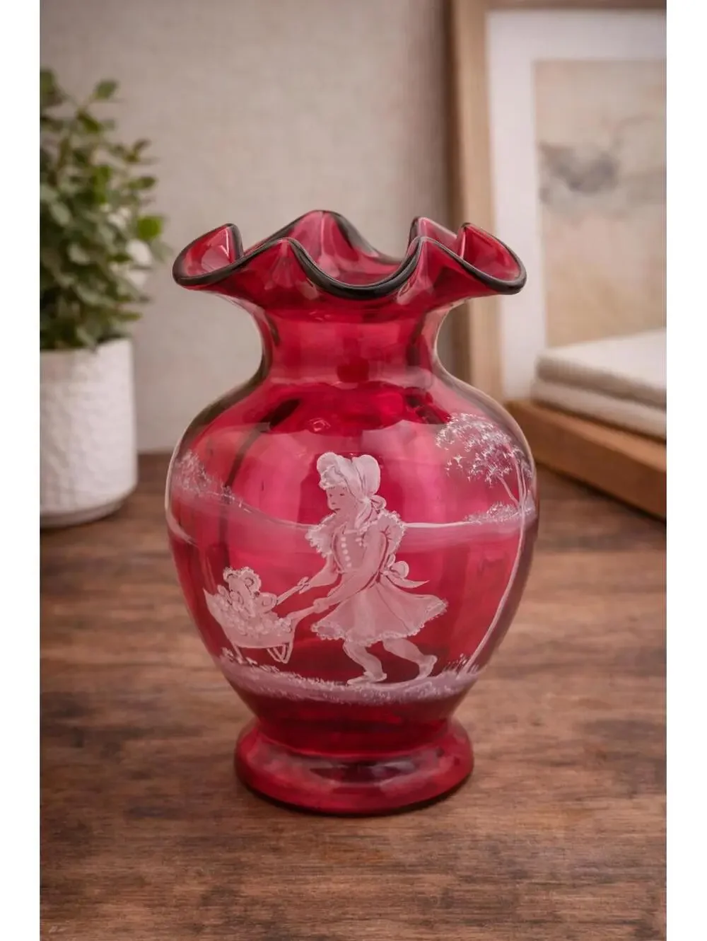 Vintage Fenton Cranberry Mary Gregory Vase Signed LE Girl Scene Original Sticker